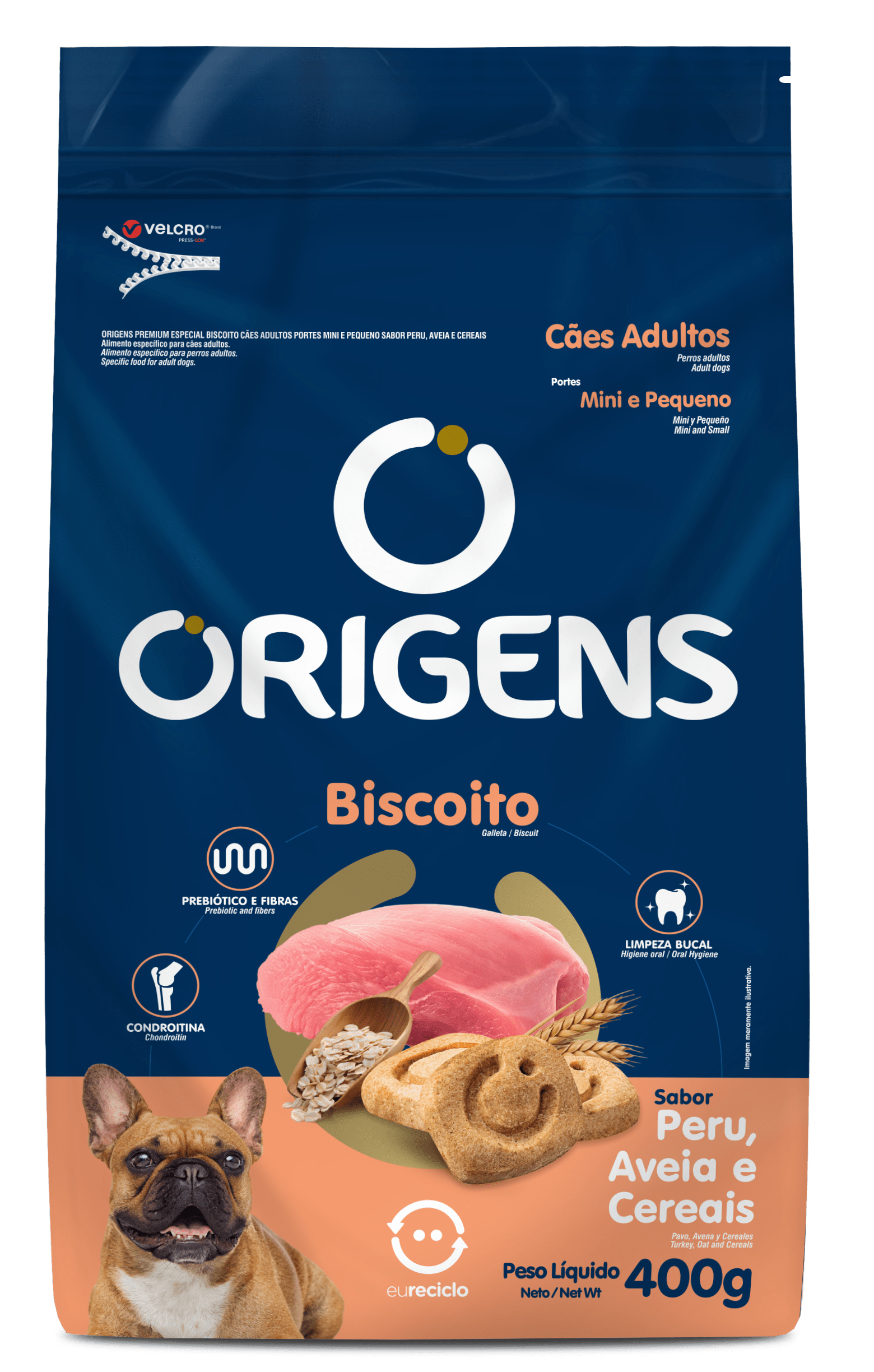 Origens Premium Especial Biscoito Cães Adultos Portes Mini E Pequeno Sabor Peru, Aveia e Cereais