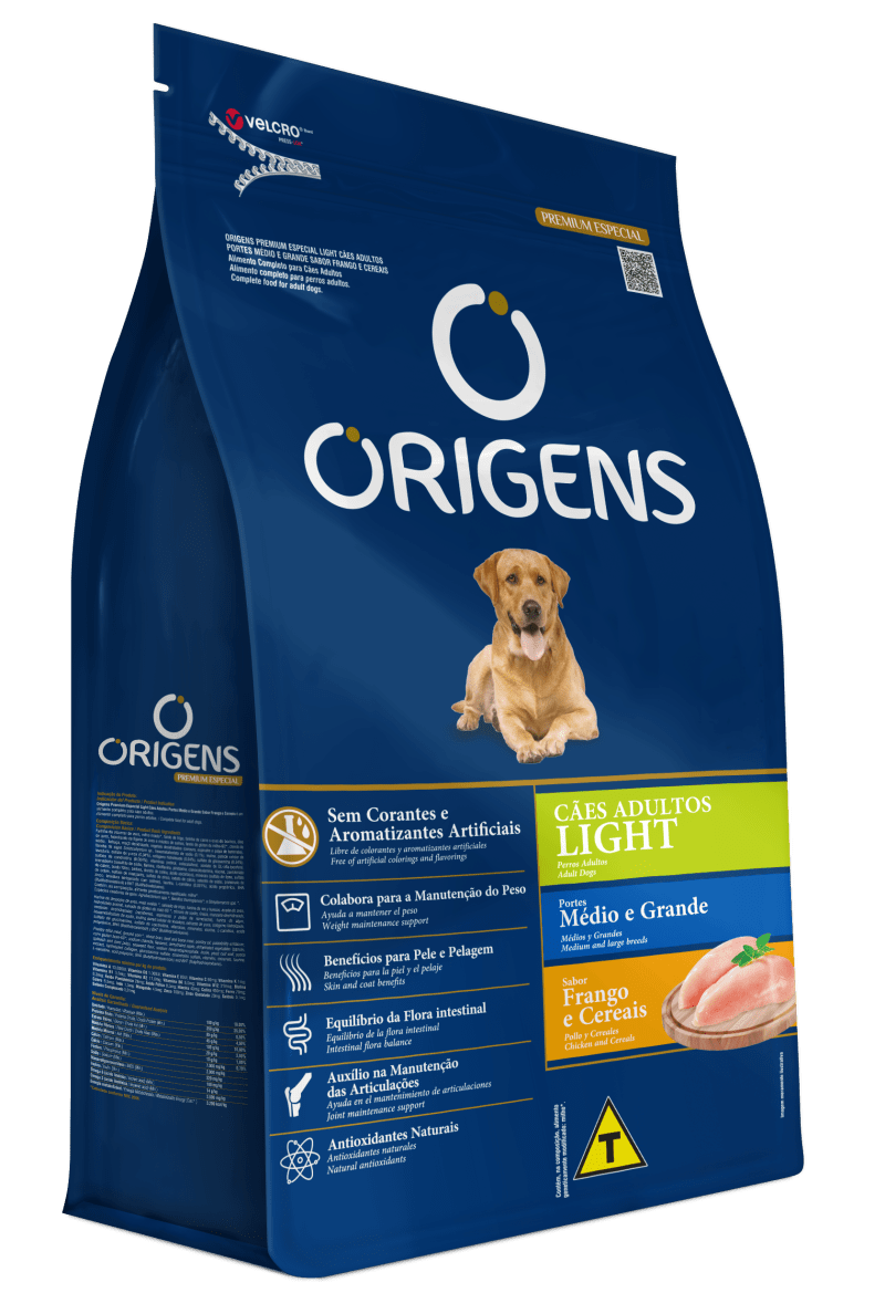 Origens Premium Especial Light Cães Adultos Portes Médio e Grande Sabor Frango e Cereais