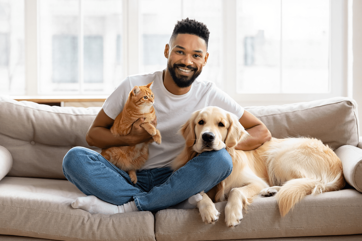Um homem com um cão e um gato
