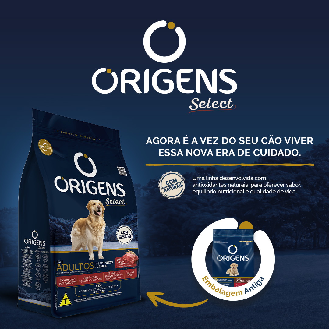 TRANSIÇÃO Origens Premium Especial Select Cães Adultos Portes Médio e Grande Sabor Carne e Cereais