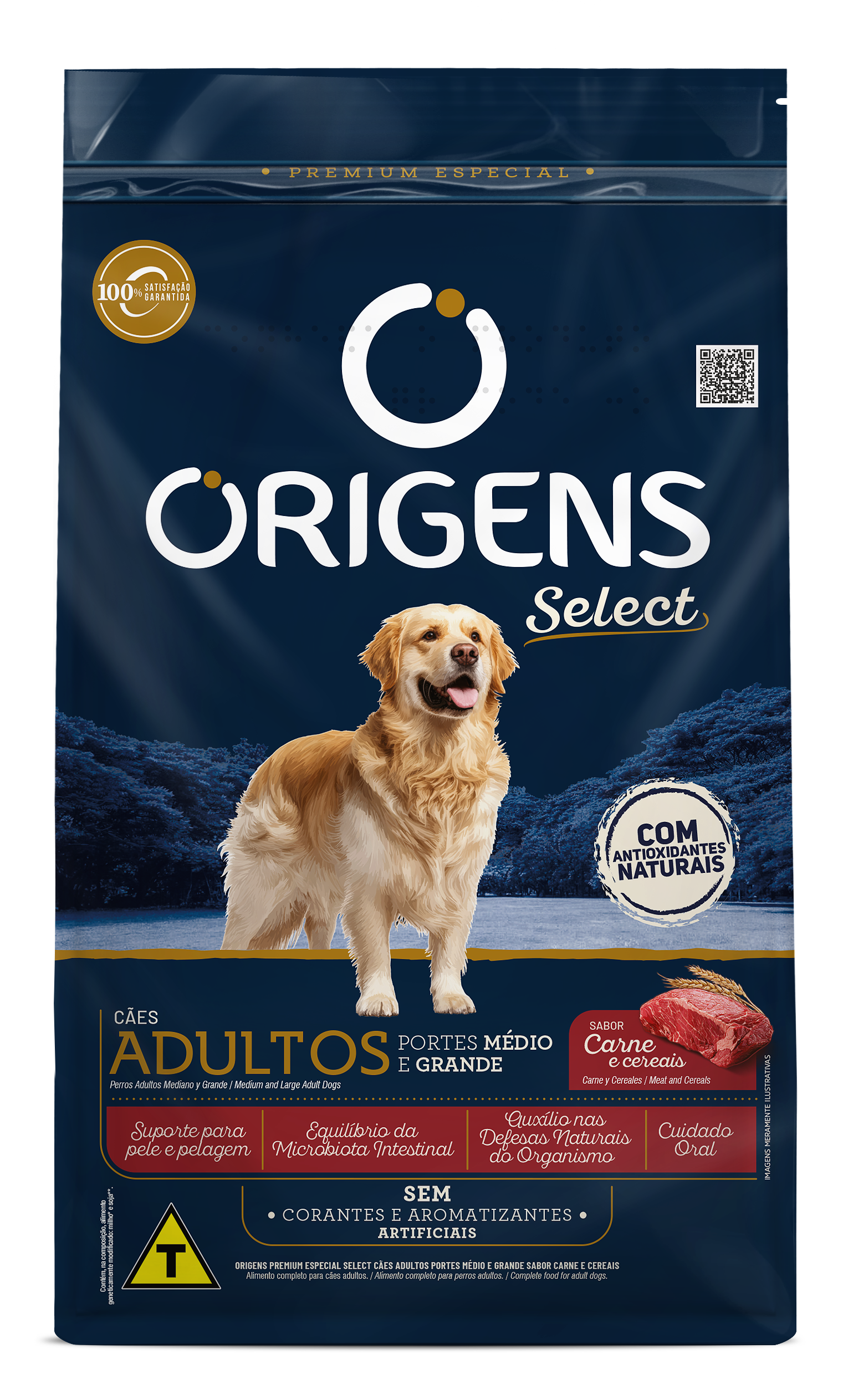 FRENTE Origens Premium Especial Select Cães Adultos Portes Médio e Grande Sabor Carne e Cereais
