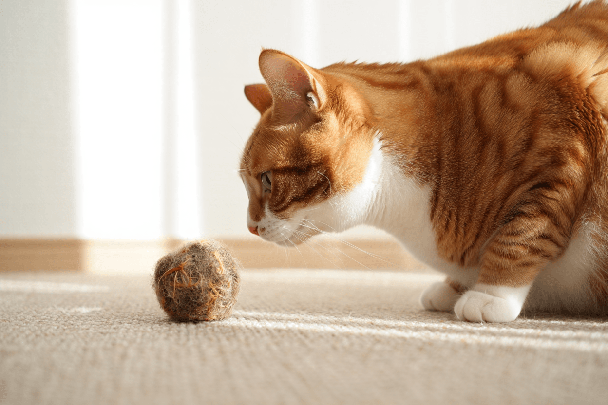 Gato e uma bola de pelo.