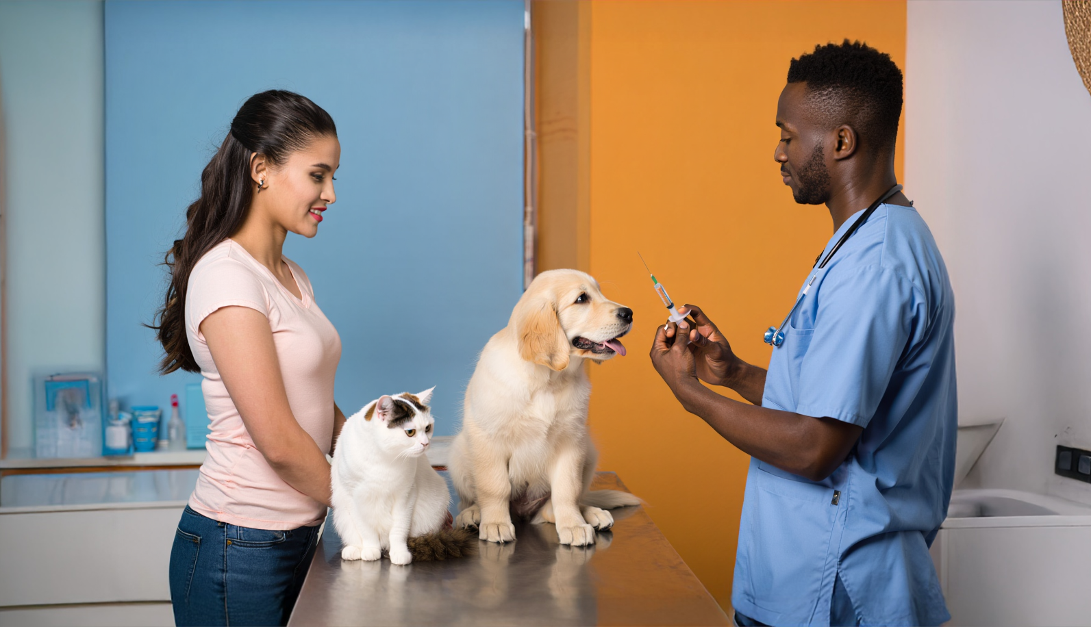 Veterinário e tutora próximos aos pets - um gato e um cachorro.
