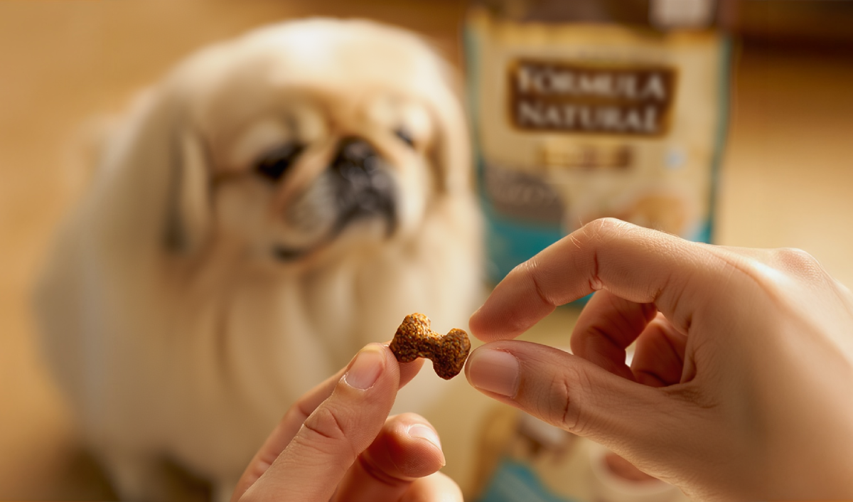 pessoa mostra o tamanho da partícula da ração